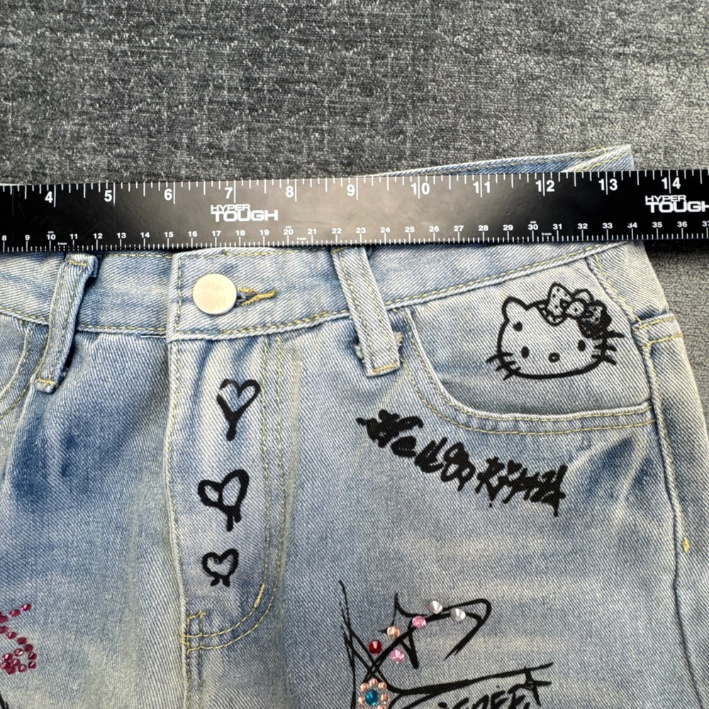 Vintage Hello Kitty Graffiti Rhinestone Wide Leg Jeans Womens 43 Blue Light Wash - Picture 3 of 11